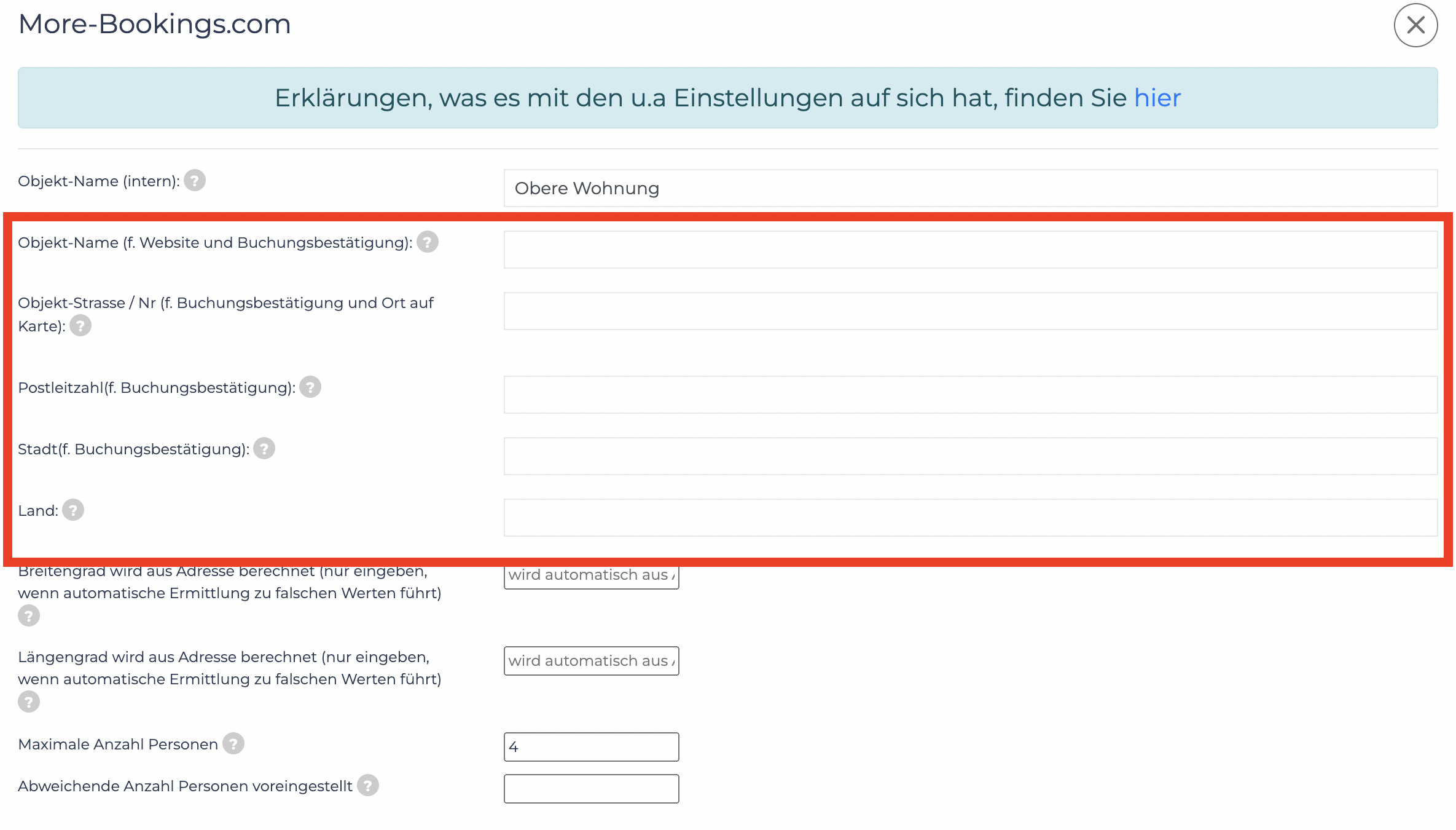 Adresse der Unterkunft eingeben 