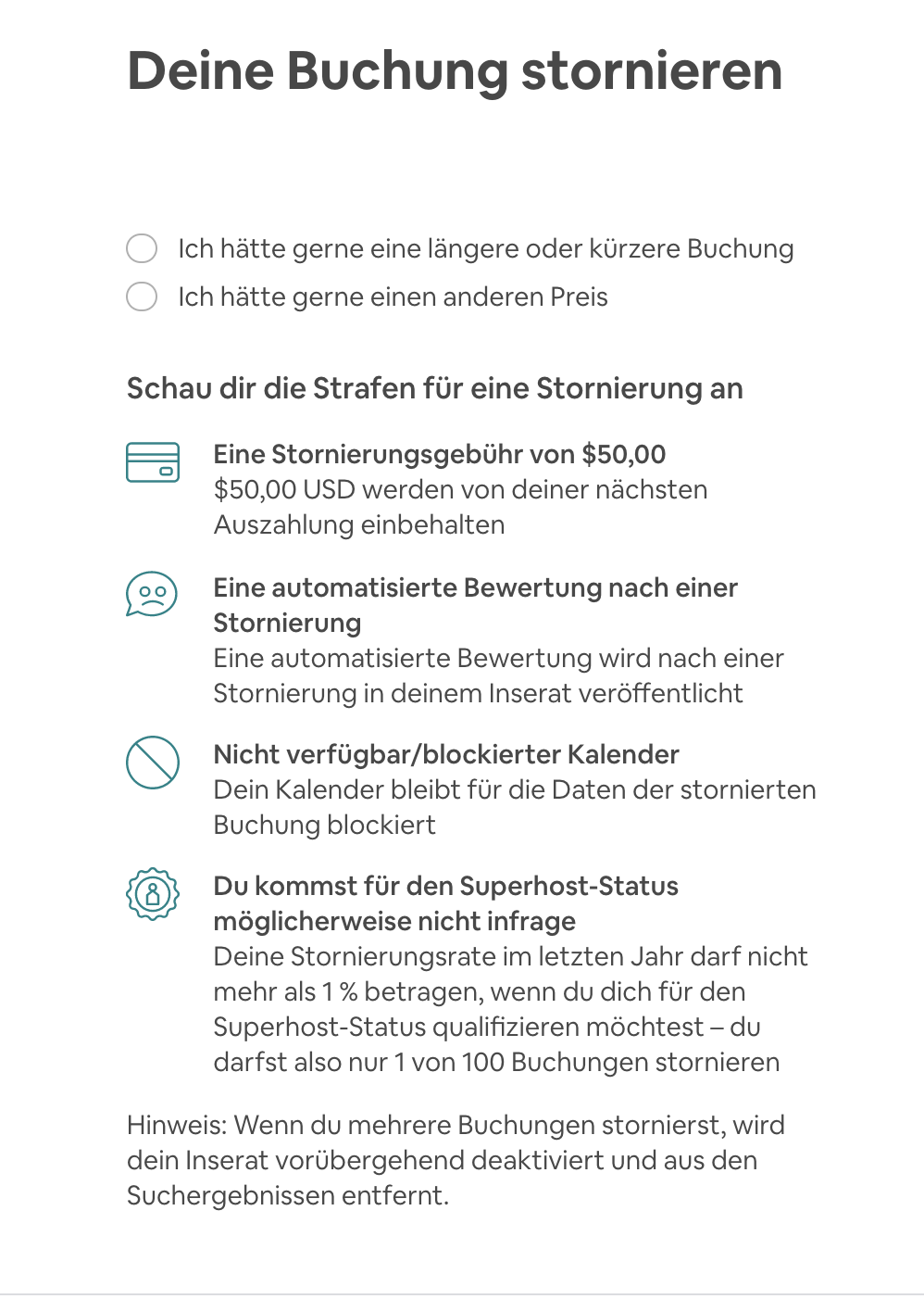 AirBnB Strafen für Stornierung 