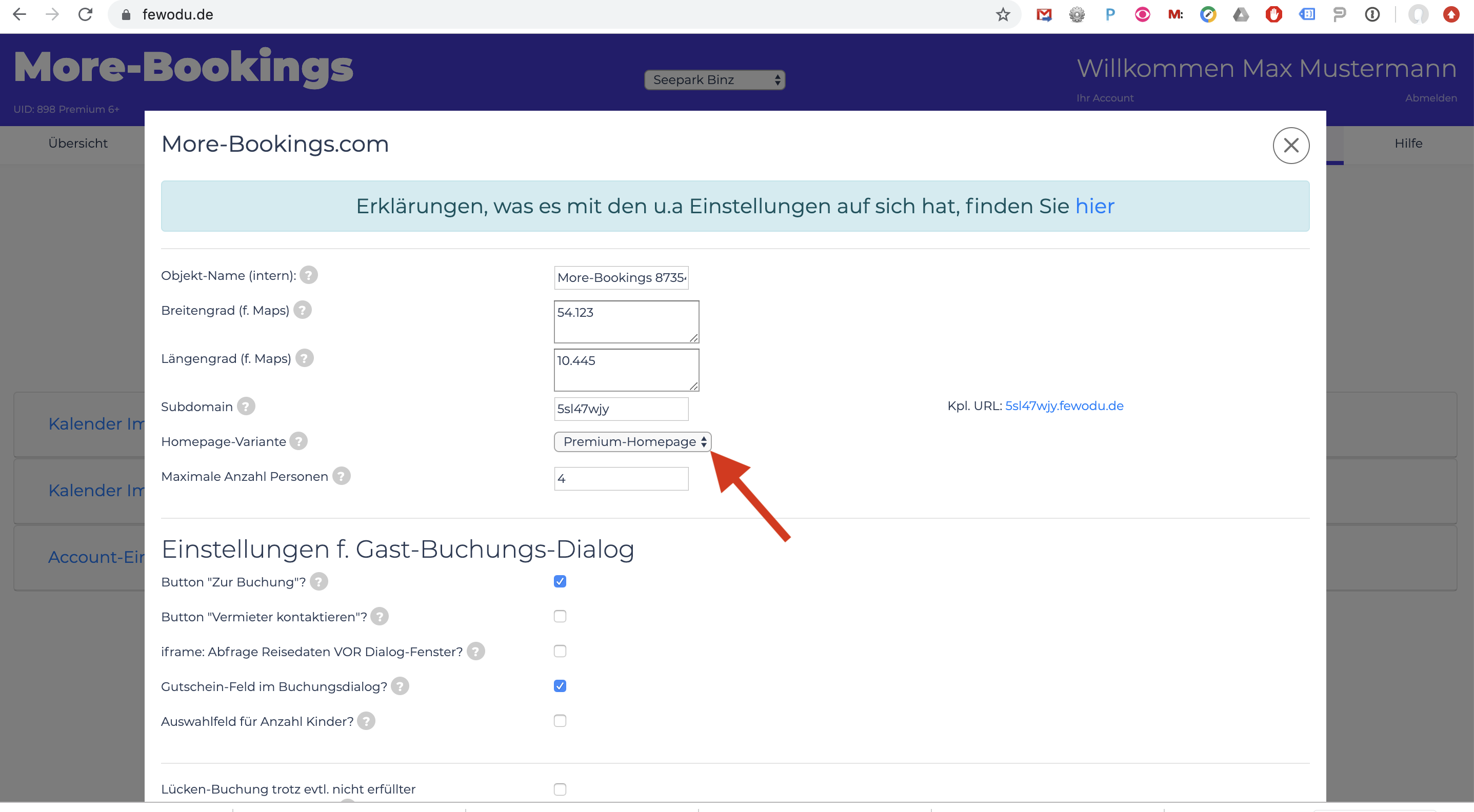Auswahl der Homepage-Vorlage 