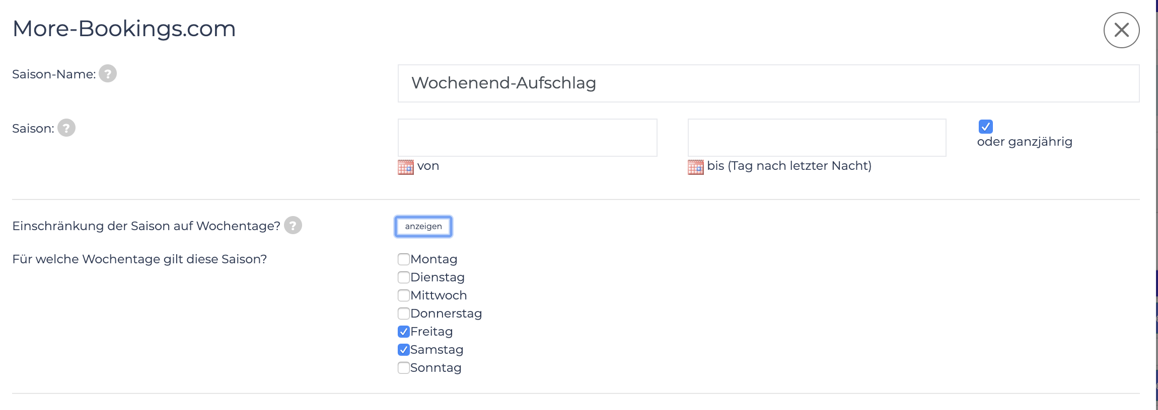 Auswahl gültige Wochentage 