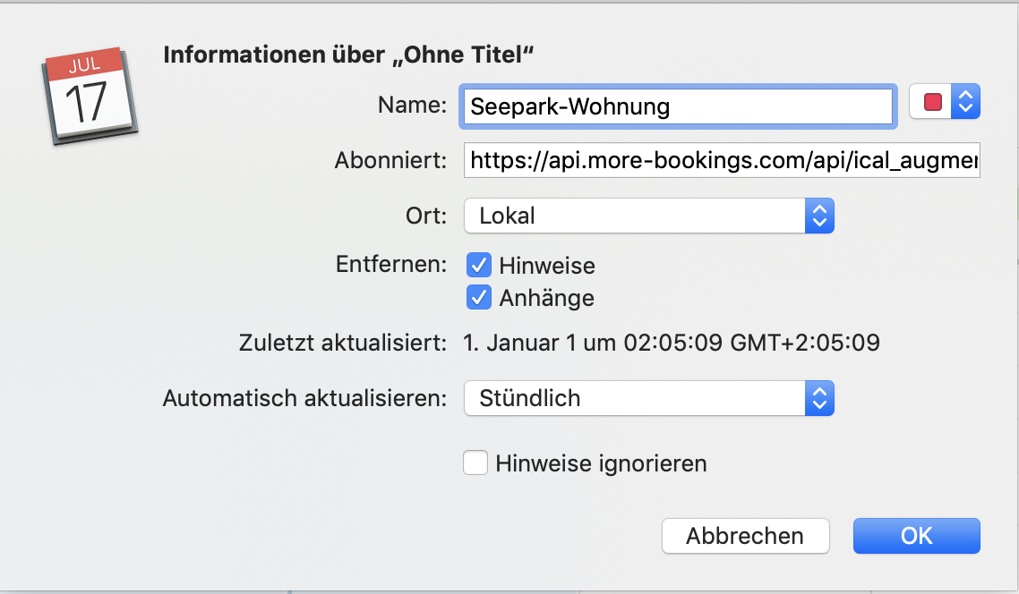 Einstellungen Apple-Kalender-Import