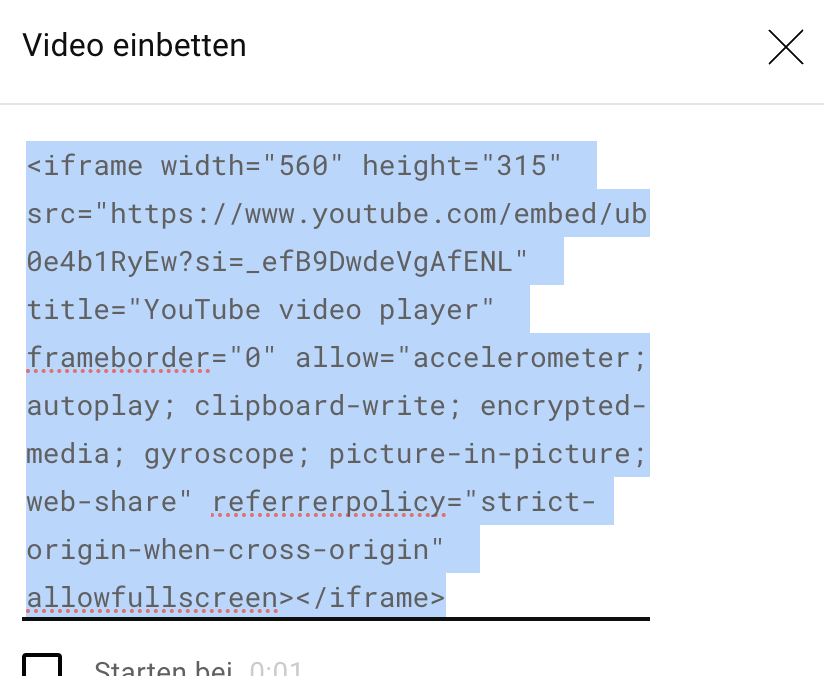 Code zum Einbetten von Youtube 