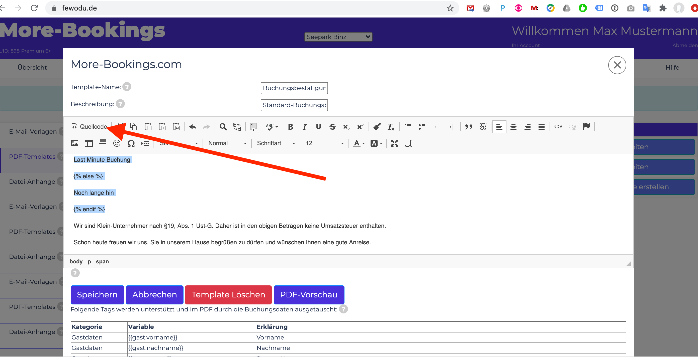 Editor auf Quellcode umschalten 