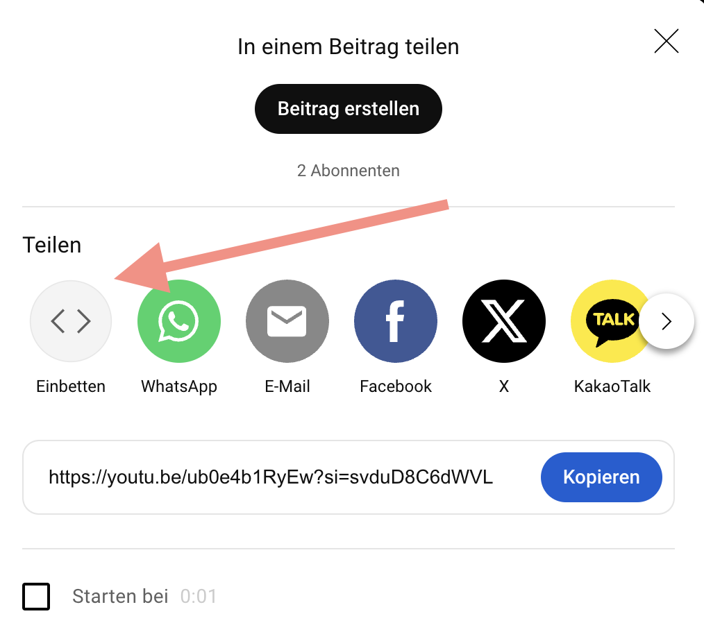 Einbetten-Button bei Youtube 