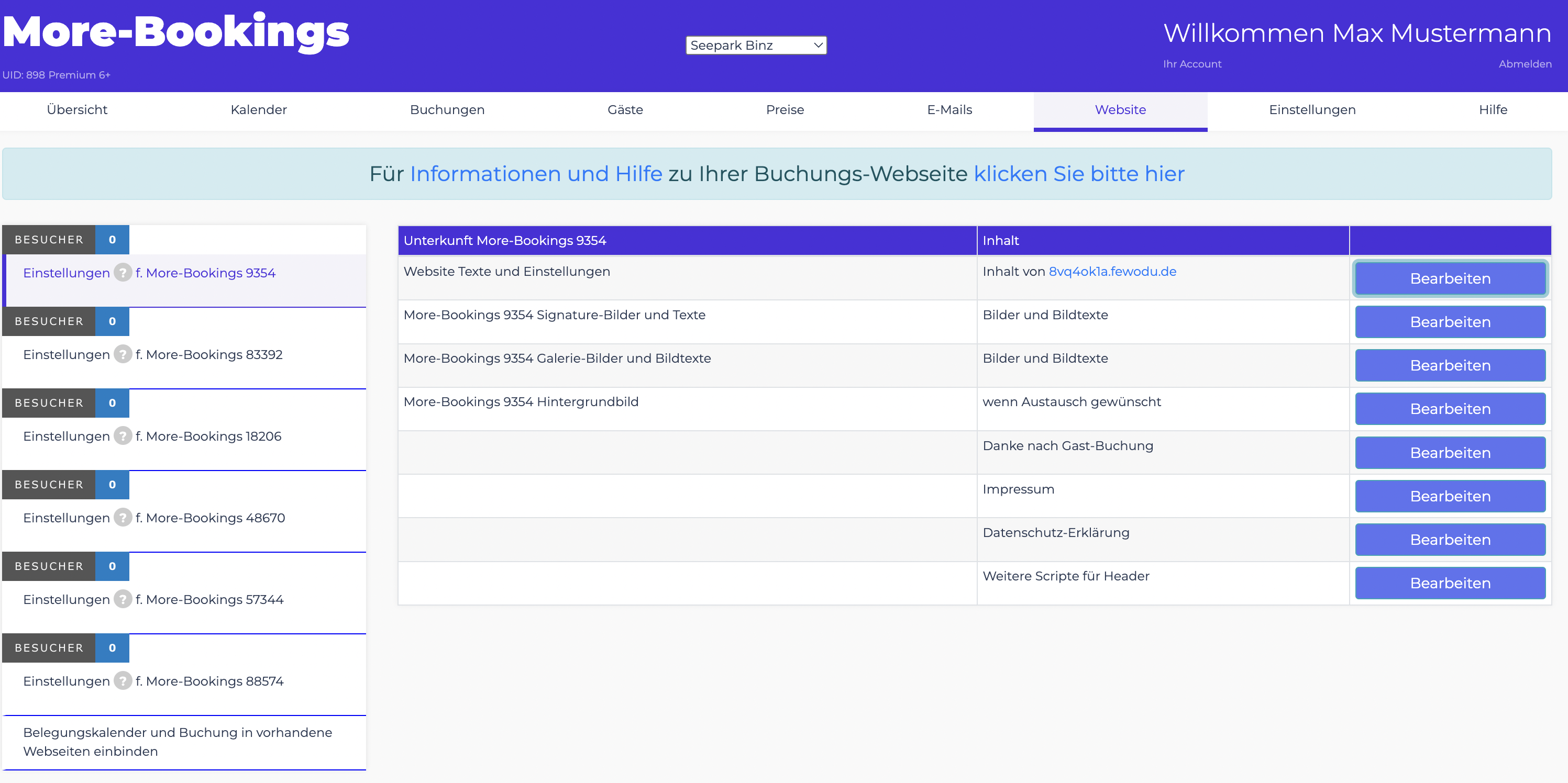 Einstellungen für Website 