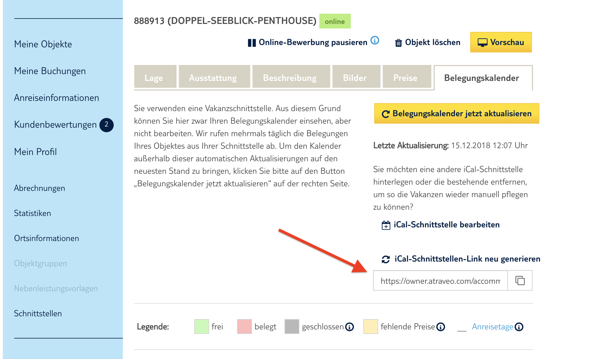 Ical Export bei Atraveo 