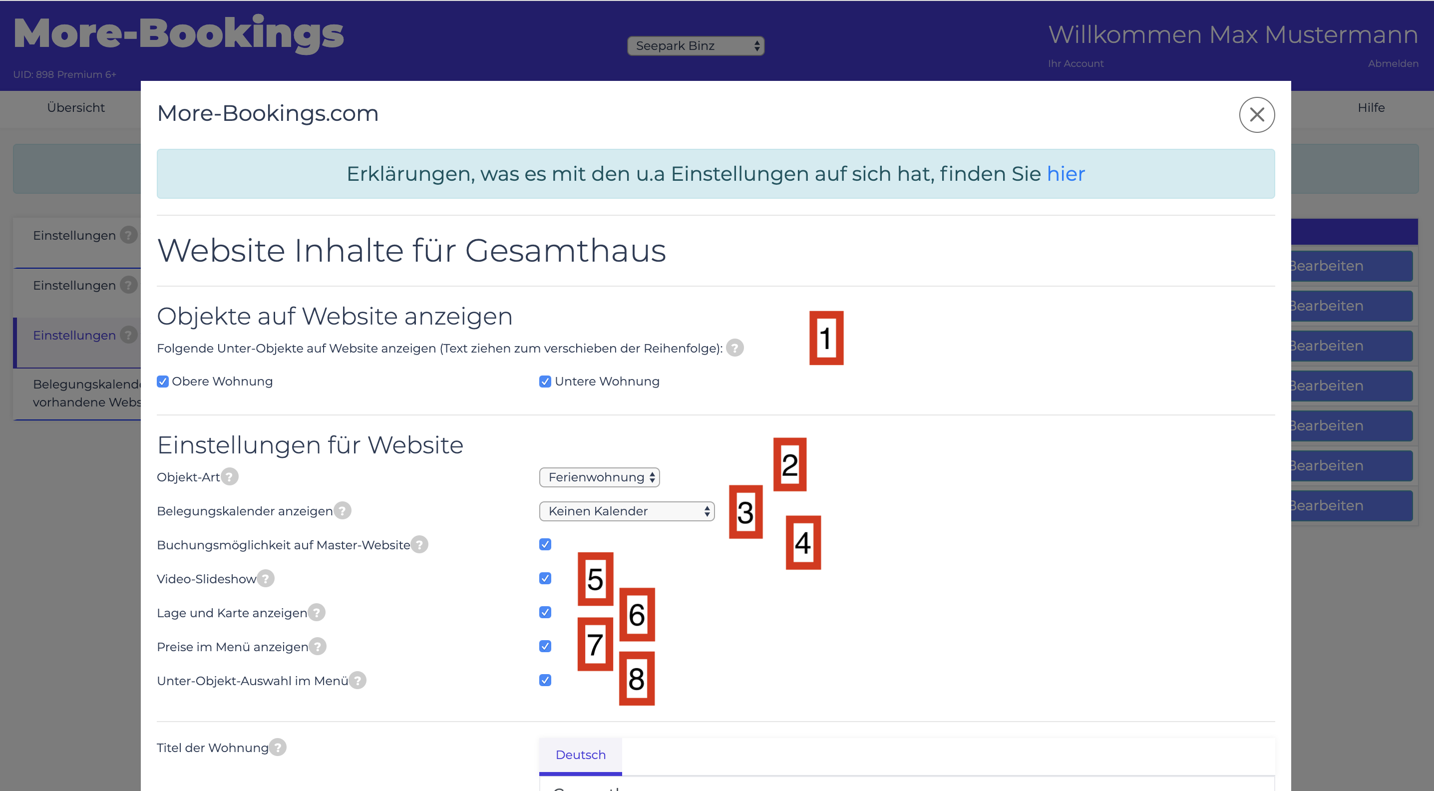 Website Einstellungen Template Premium mehrere Objekte 