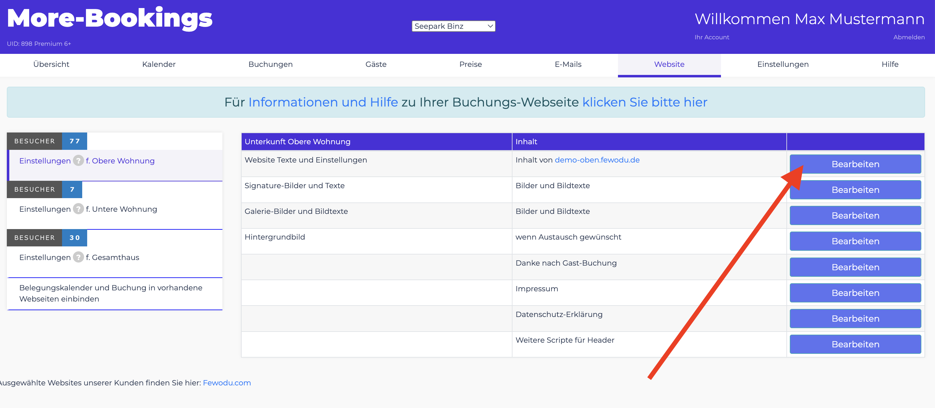 Website Texte und Einstellungen 